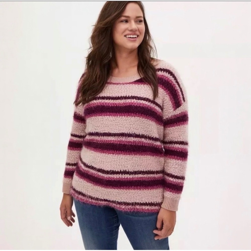 Torrid Fuzzy Drop Shoulder Pullover Sweater Multi Striped Pink Purple Size 2X